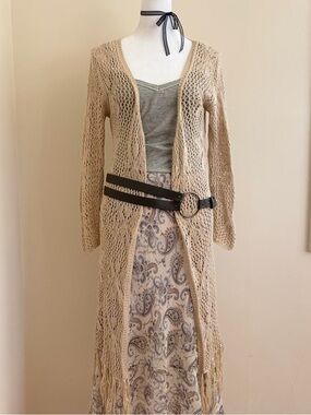 Vintage boho fairy crochet fringe duster cardigan kimono shawl wrap sheer tan M